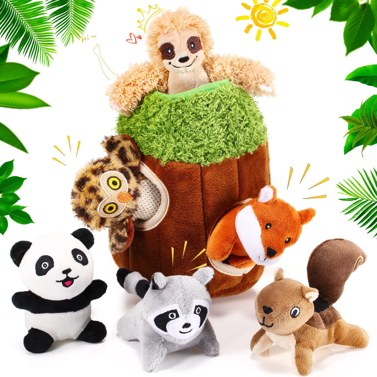 Skylety Hide and Seek treehouse with plush woodland animals for interactive play