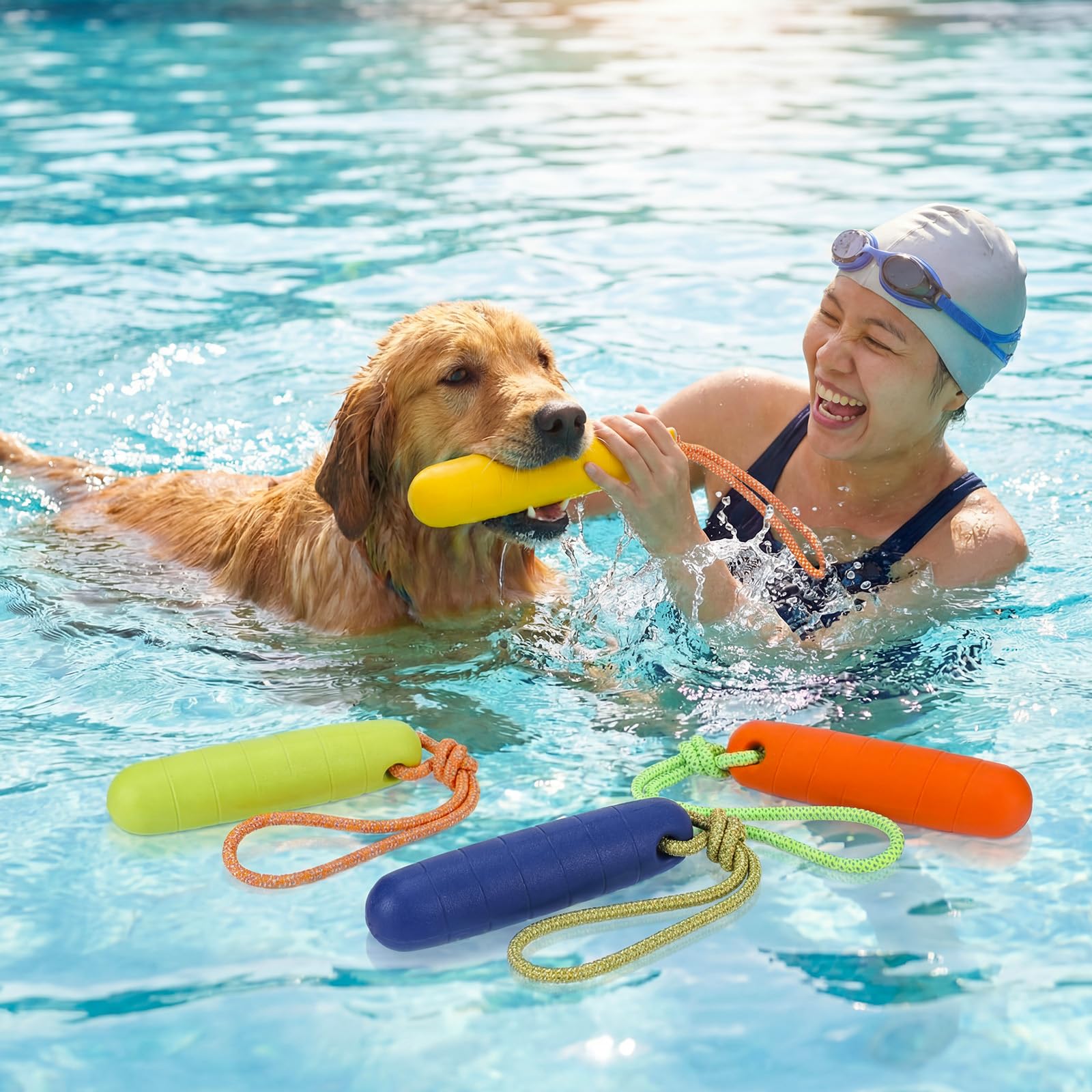 Skylety pool-action dog toy with rope for training play.