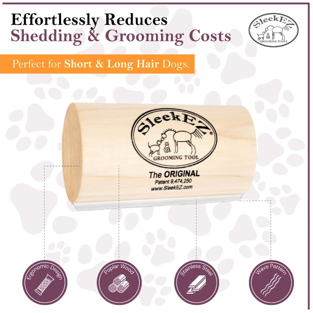 SleekEZ five-inch dog brush fits hands for quick grooming sessions.