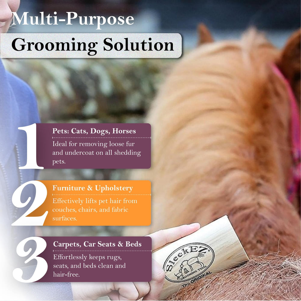 SleekEZ horse brush for pet hair removal on coats and saddles.