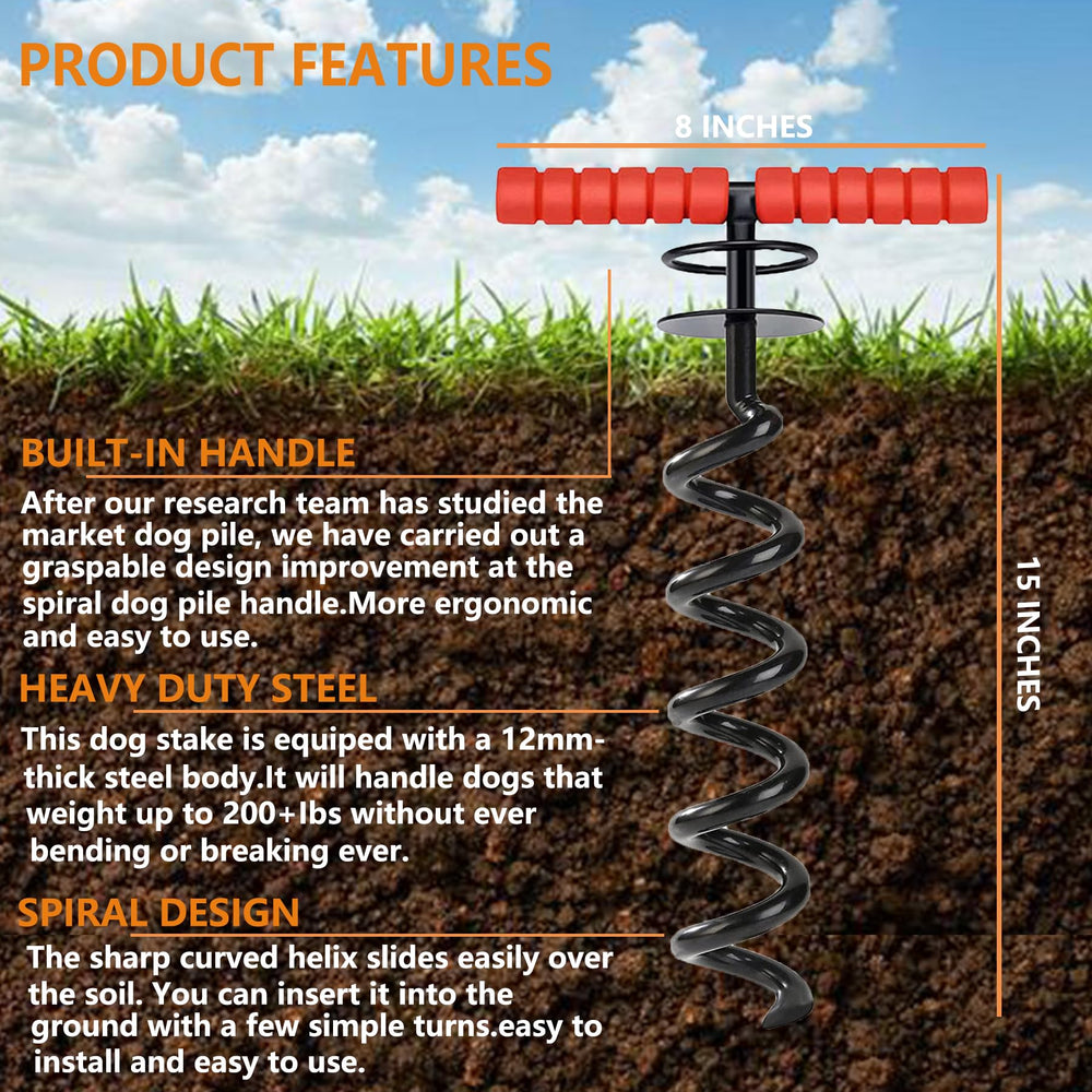 Sliridog 15-inch stake anchors firmly for outdoor tying setups.
