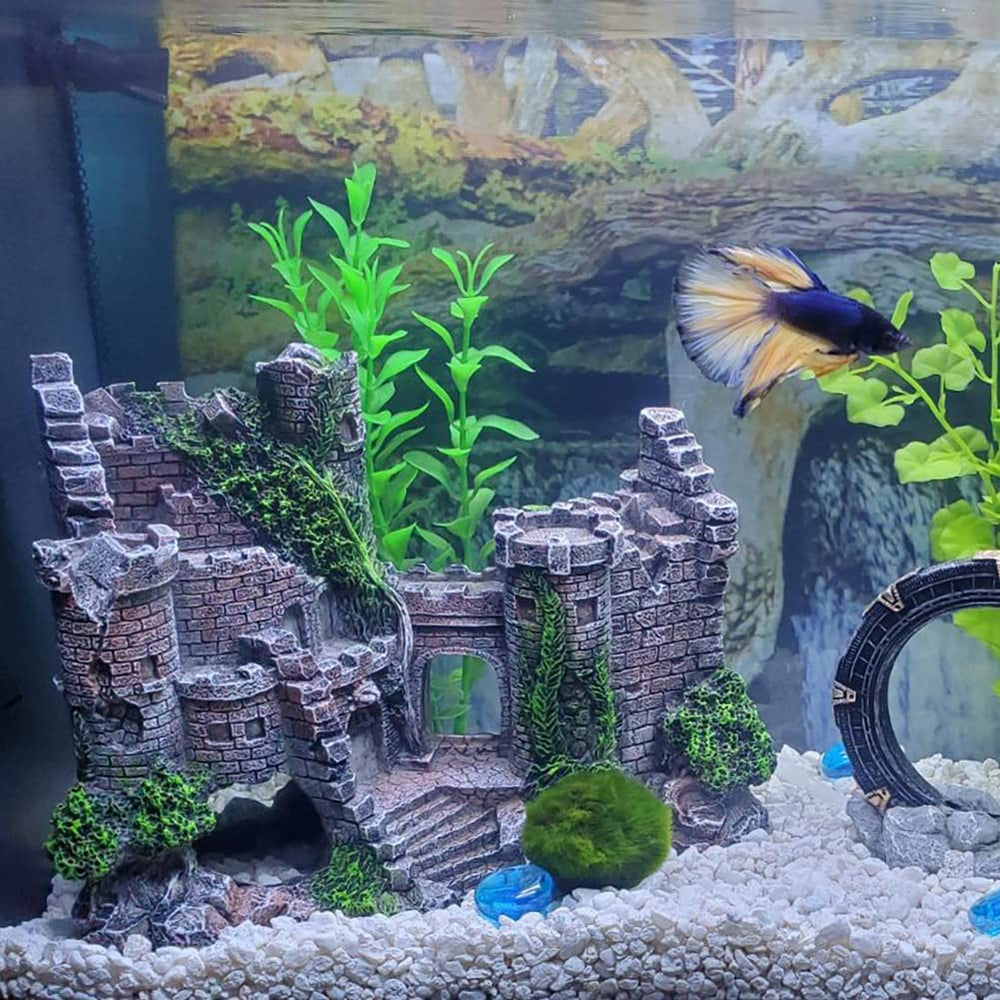 SLOCME aquarium castle front view shows double-sided design for flexible placement