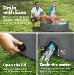 SLOOSH dog pool with drain valve for quick water release.
