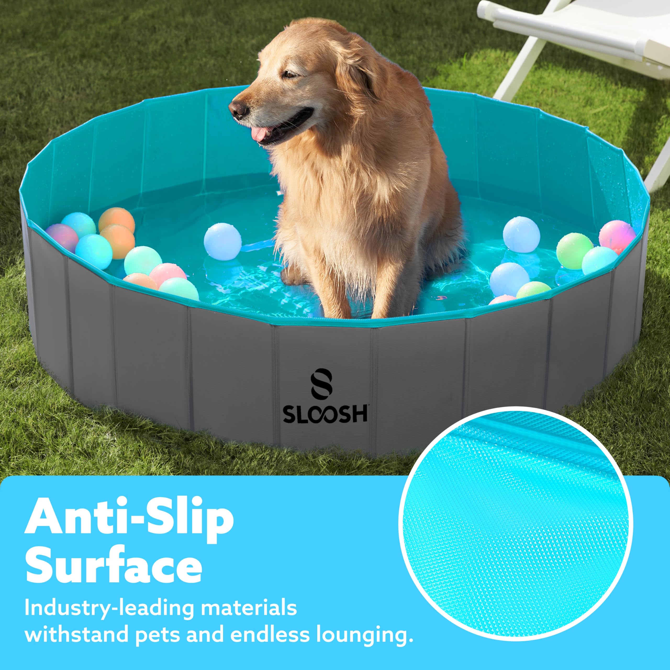 SLOOSH pool's textured non-slip base enhances pet stability.