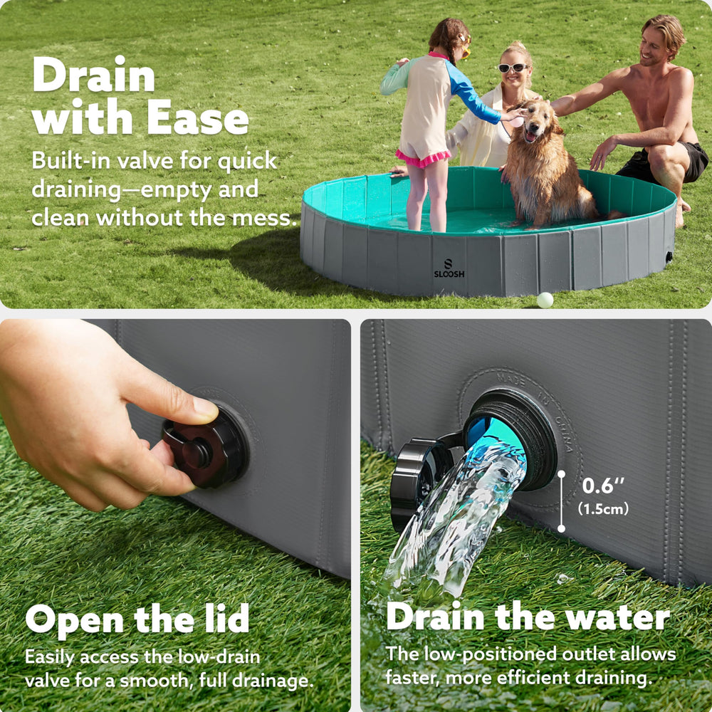 Sloosh foldable dog kiddie pool anti-slip bottom keeps paws secure during playtime.