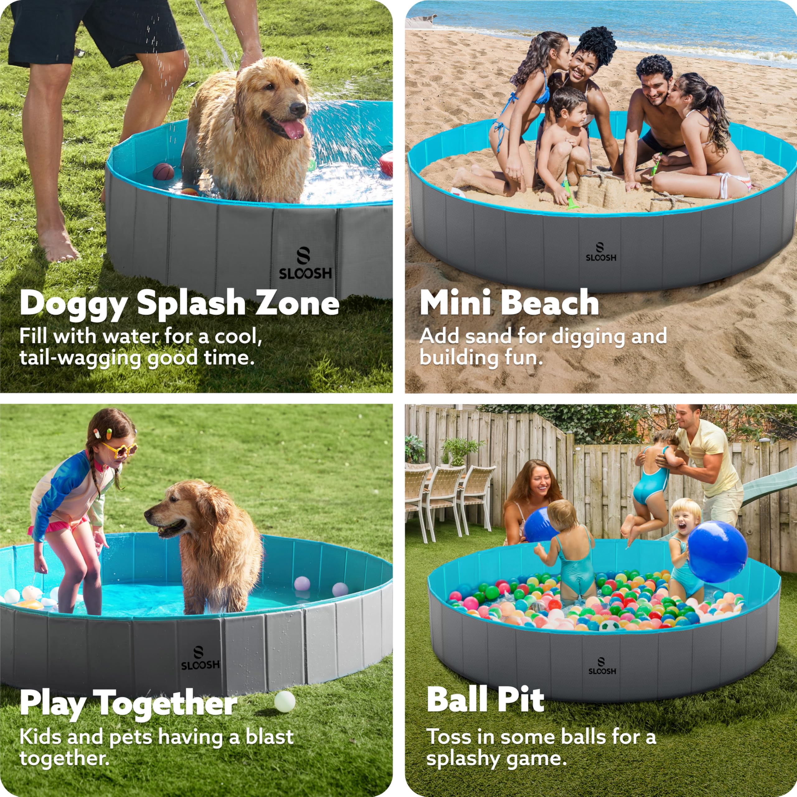 Sloosh foldable dog kiddie pool kid-friendly-design enables family splash sessions.