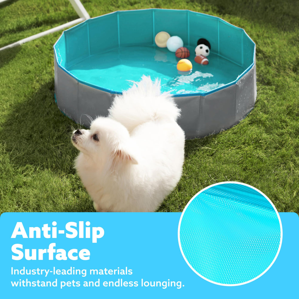 Folded compact Sloosh Foldable Dog Pool for easy storage