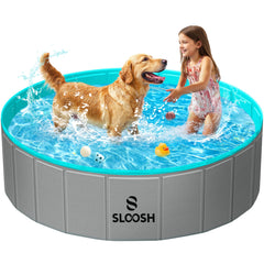 SLOOSH foldable dog pool in use with a medium dog cooling off safely.