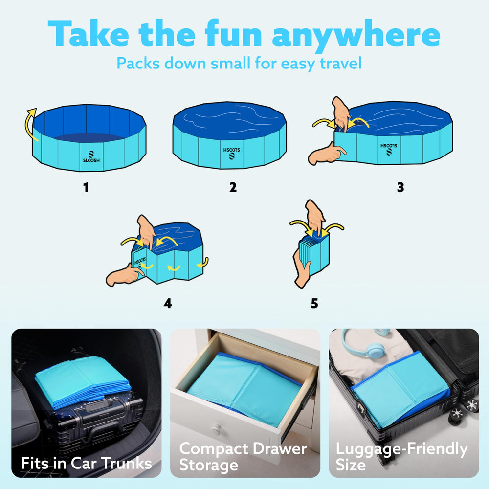Sloosh portable pet pool ideal for travel and outdoor adventures.