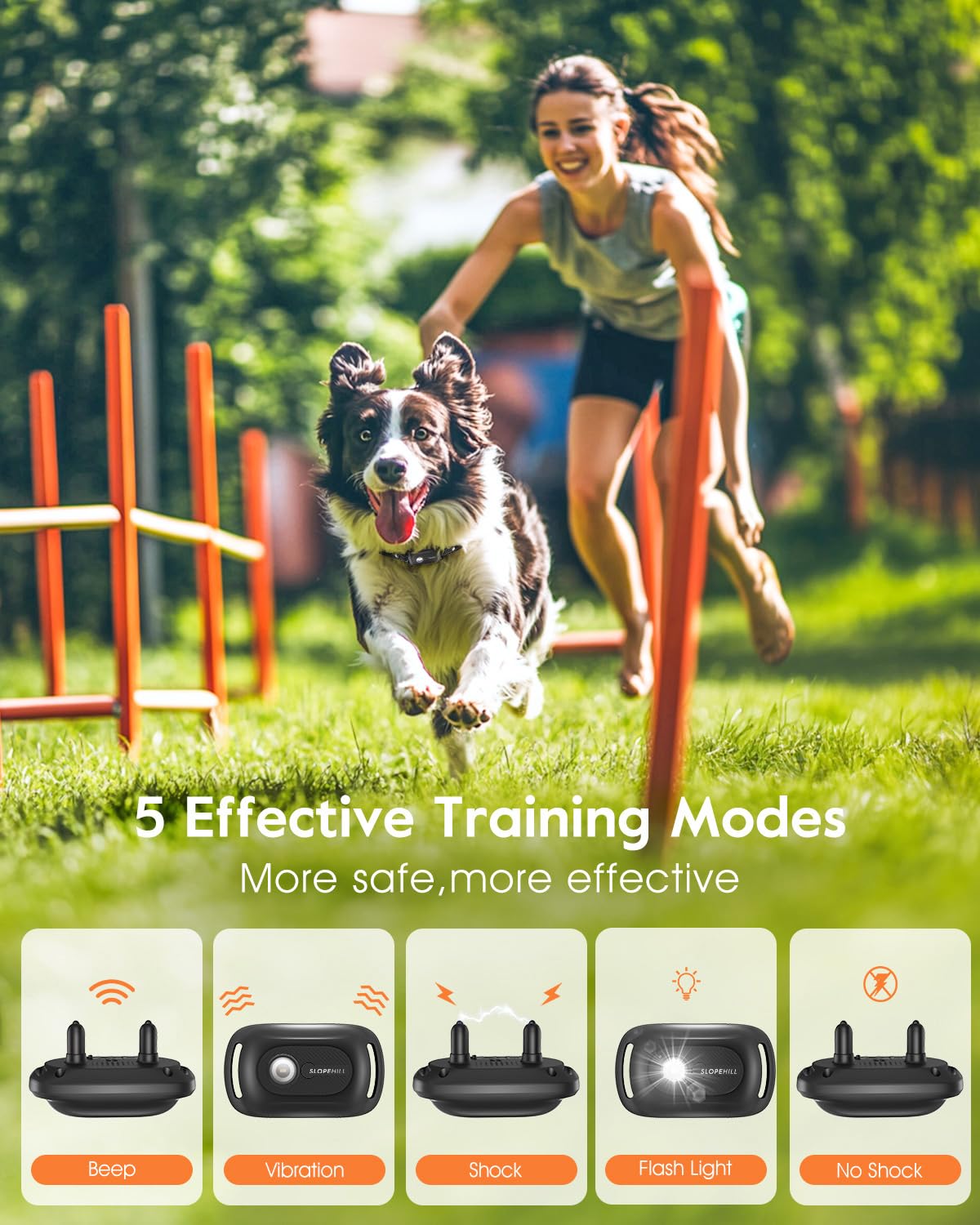 SLOPEHILL collar with 2-channel system enables simultaneous training for two dogs.