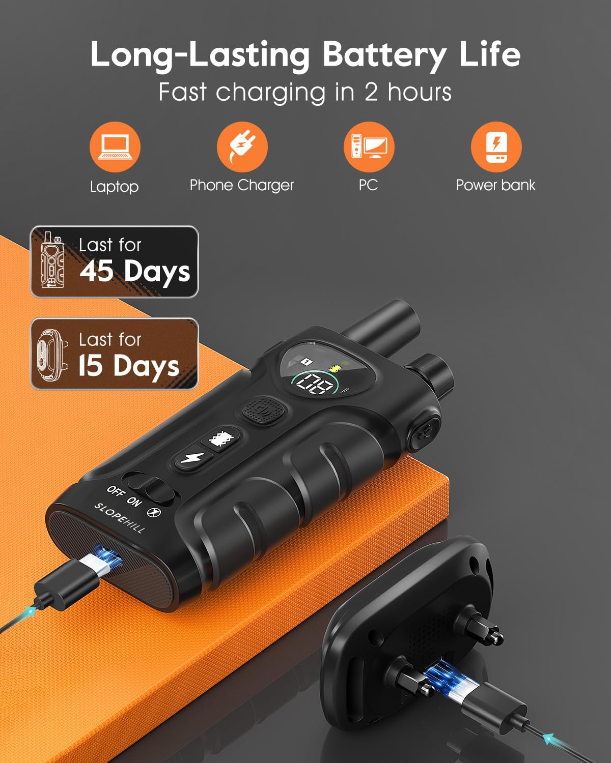 SLOPEHILL No Shock mode supports beep or vibration-only training for sensitive dogs.
