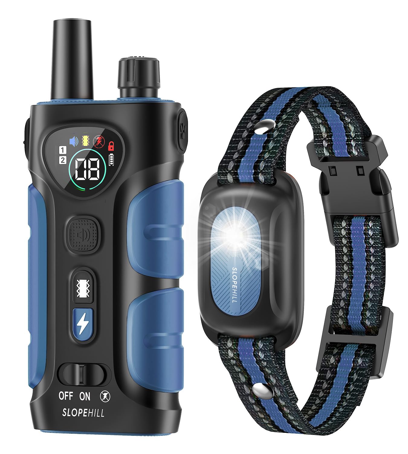 SLOPEHILL dog shock collar front view with remote for humane training.
