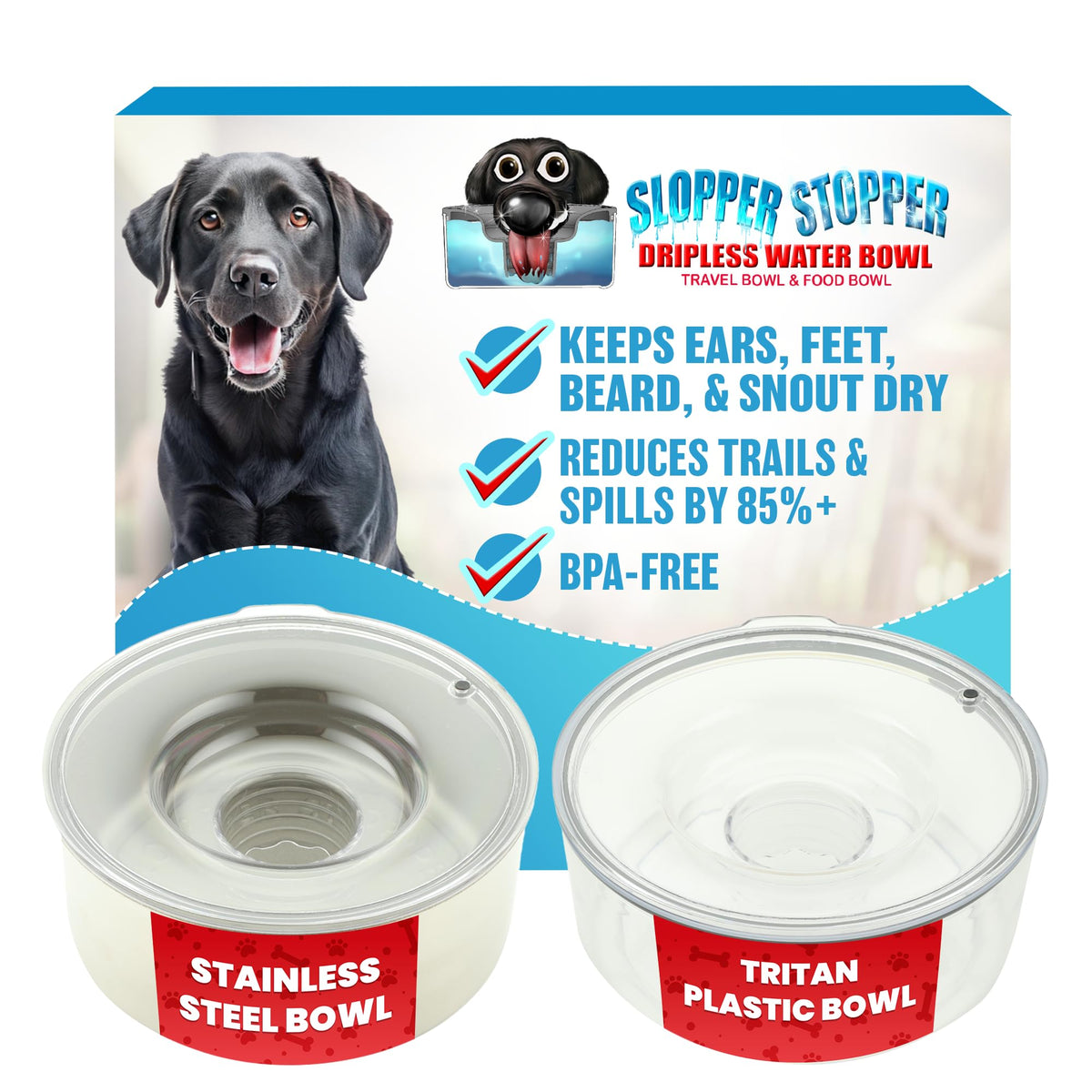 Slopper Stopper dripless bowl with Tritan lid reduces spills during dog hydration.