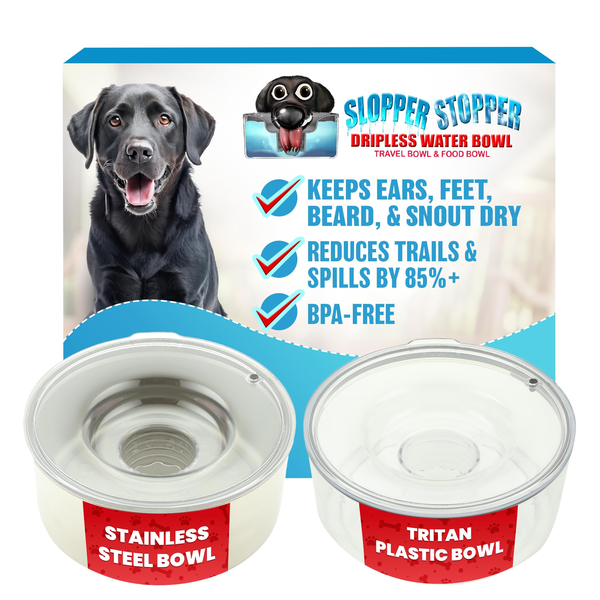 Slopper Stopper stainless steel bowl with red lid reduces spills during drinking.