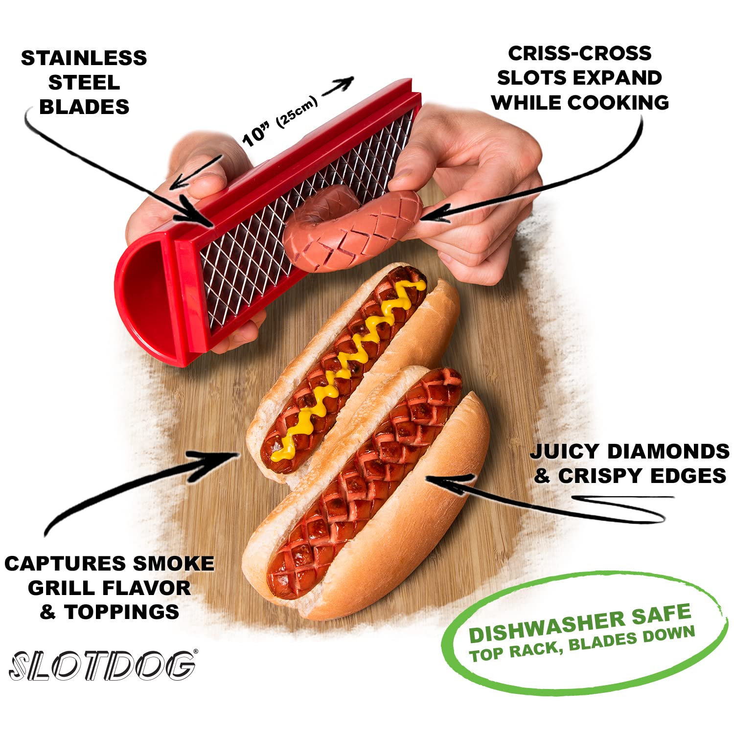 SLOTDOG in action showing side-to-side slots for juicy, flavorful bites