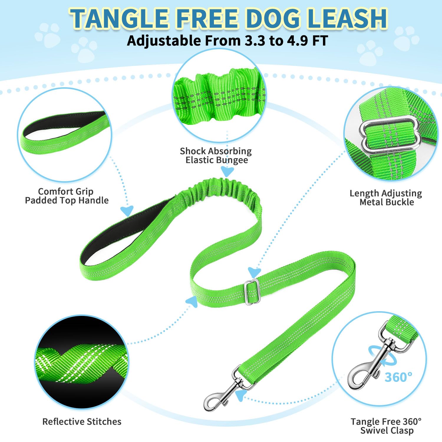 SlowTon 4ft nylon leash with bungee softens shocks