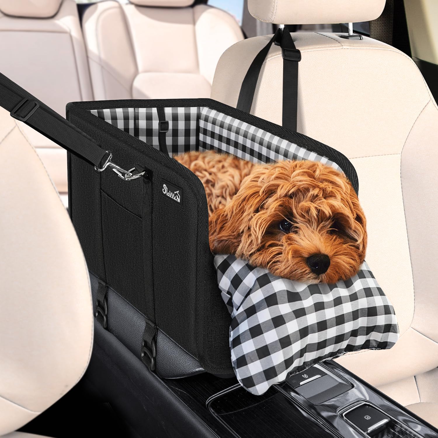 SlowTon console dog car seat securely mounted for safer travels.