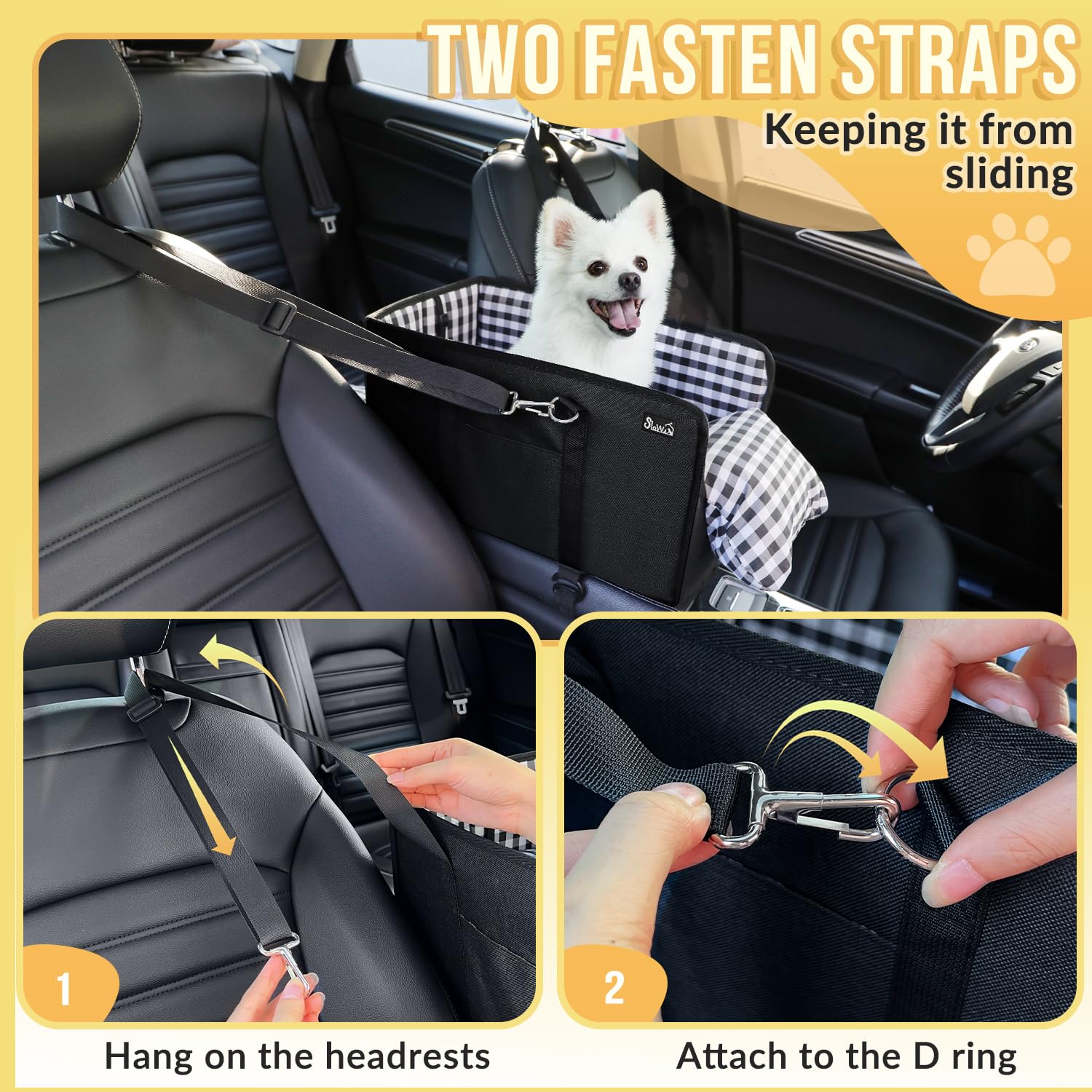 SlowTon console dog car seat showing adjustable straps for a custom fit.