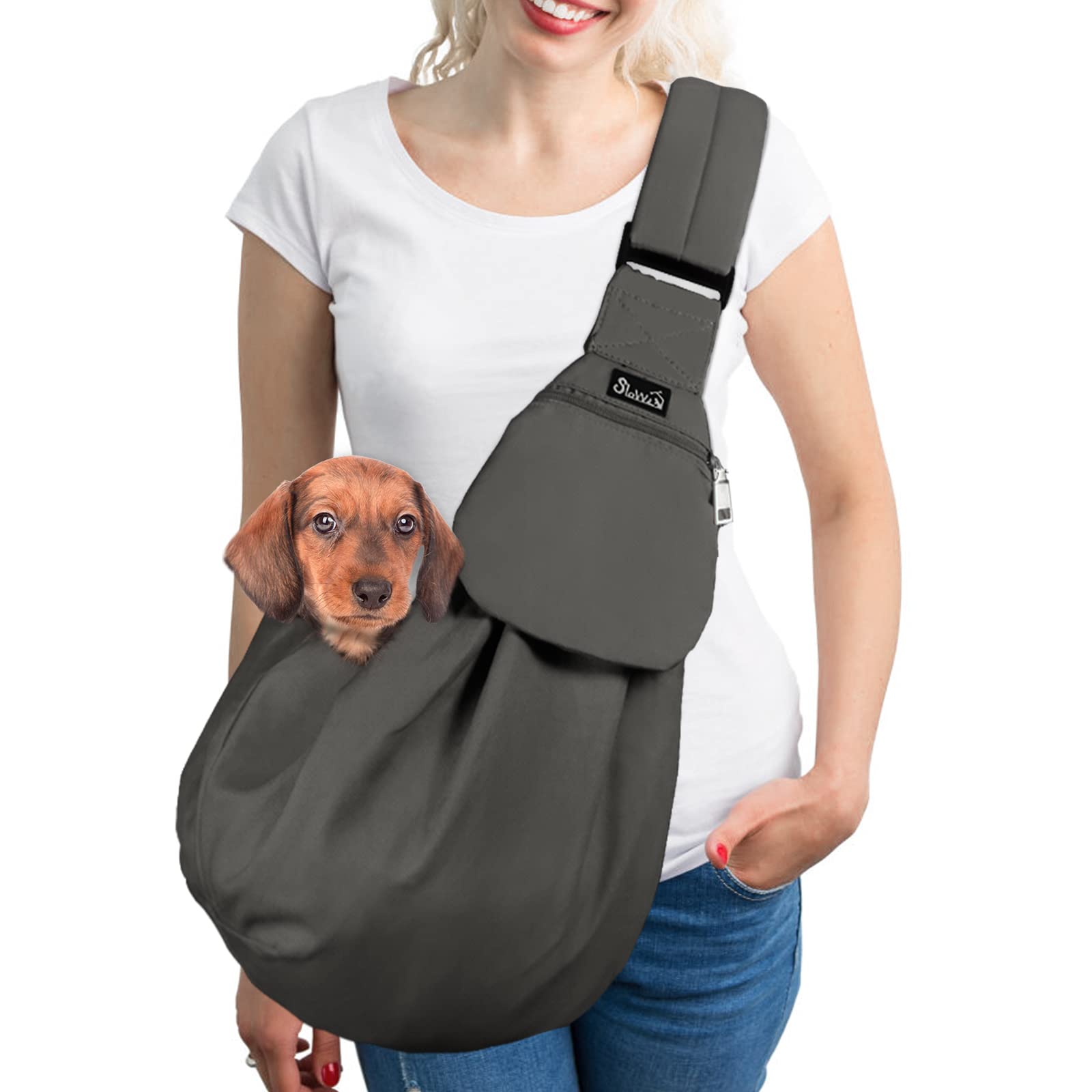 SlowTon grey dog carrier sling with padded strap for comfortable daily walks.