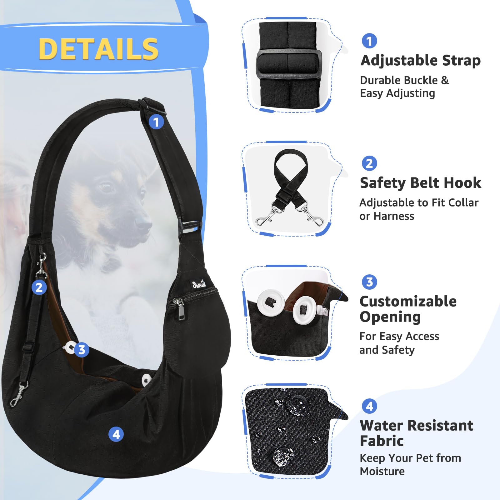 SlowTon dog carrier sling safety hook demonstrates secure pet attachment.