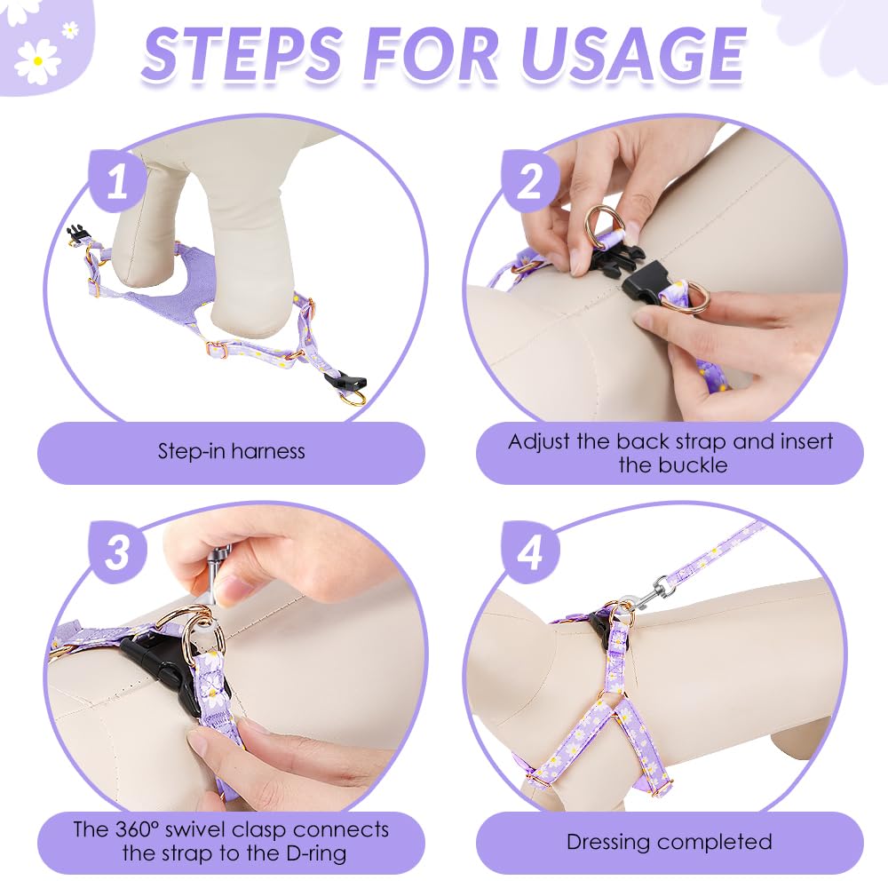SlowTon purple daisy harness showing 360-degree rotating clip to prevent tangles.