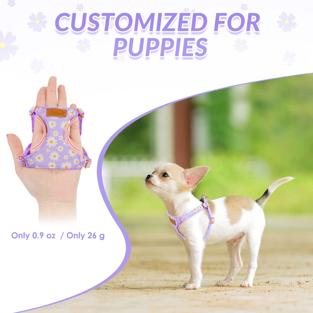 SlowTon XXS purple daisy harness side-fit view for secure, snug wear.
