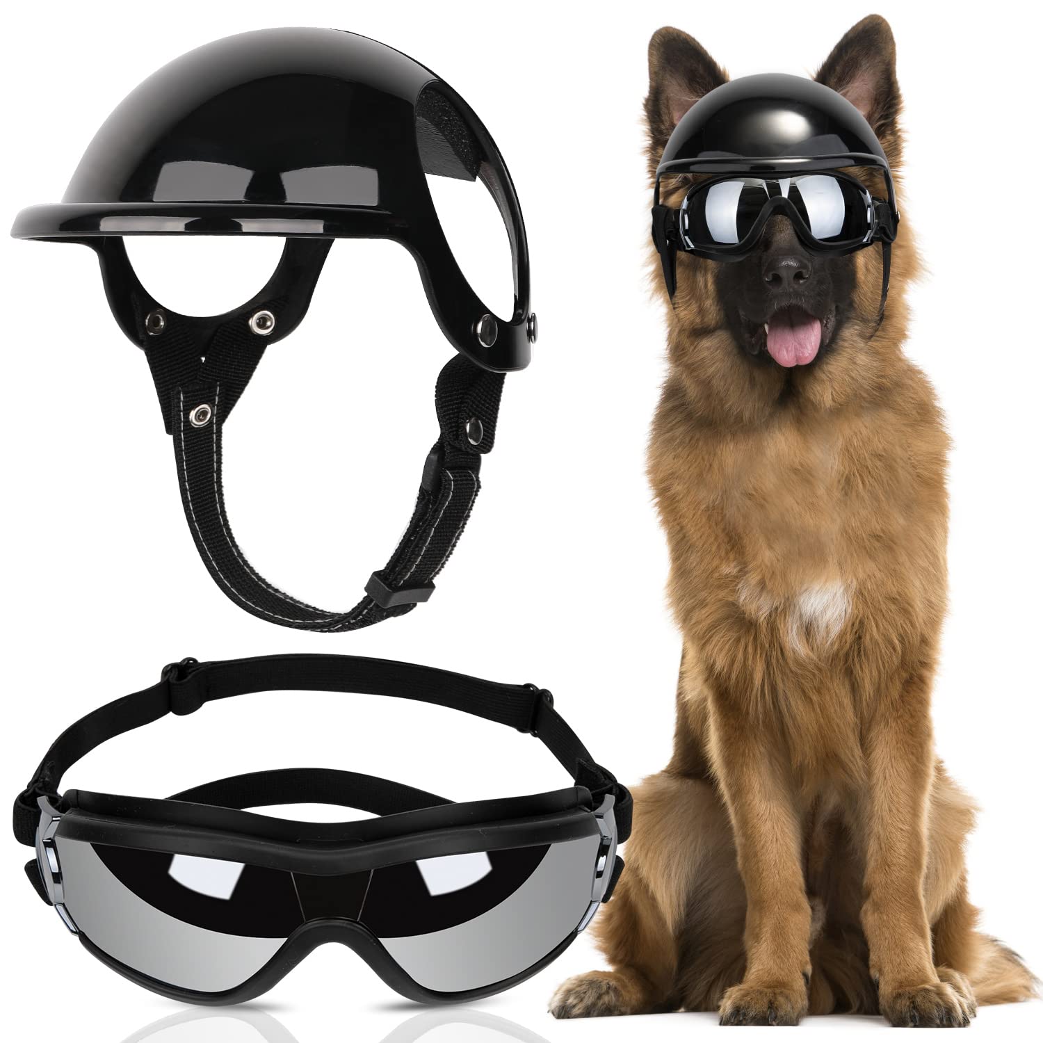 SlowTon dog helmet and goggles front view with UV protection for sunny rides.
