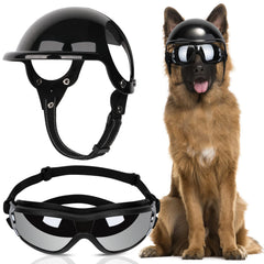 SlowTon dog helmet and goggles front view with UV protection for sunny rides.