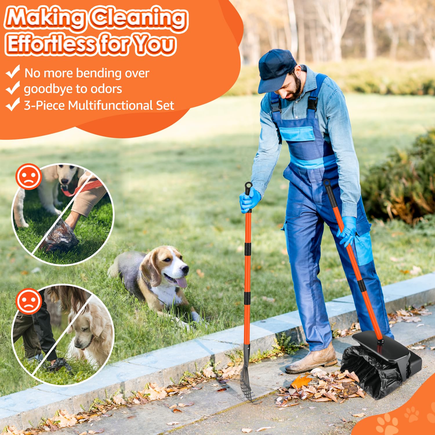 SlowTon rake supports reaching waste on lawns and hard surfaces