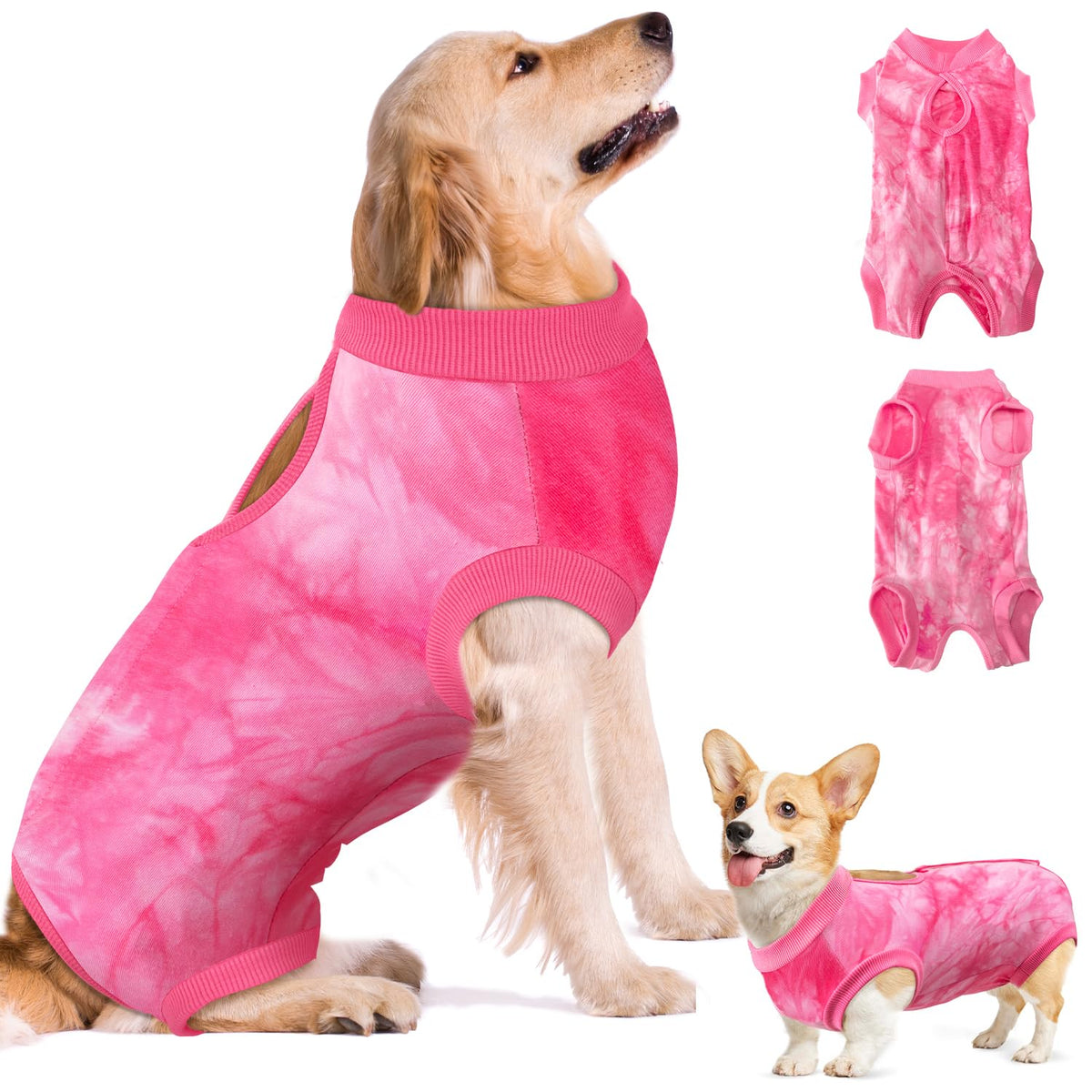 SlowTon dog recovery suit worn on a pink dog for post-surgery comfort.