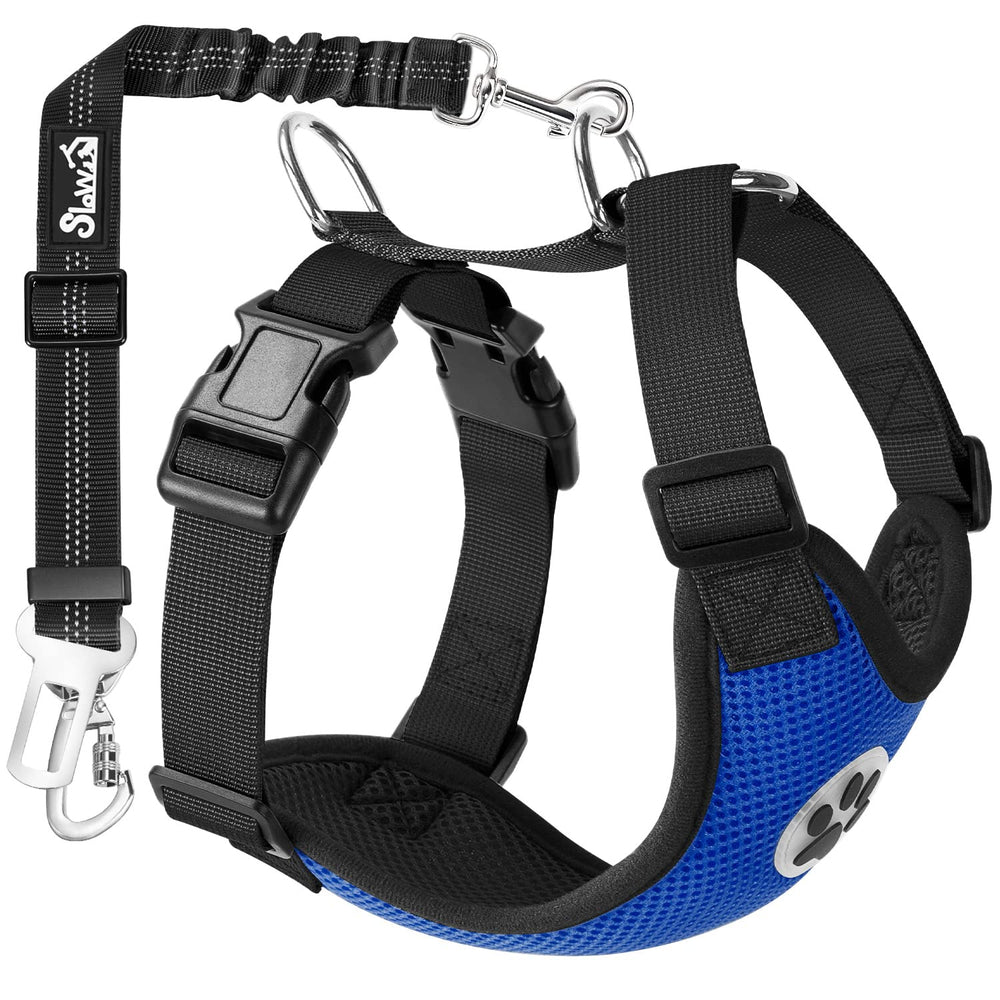SlowTon dog seat belt harness in blue with double clip for secure car rides.