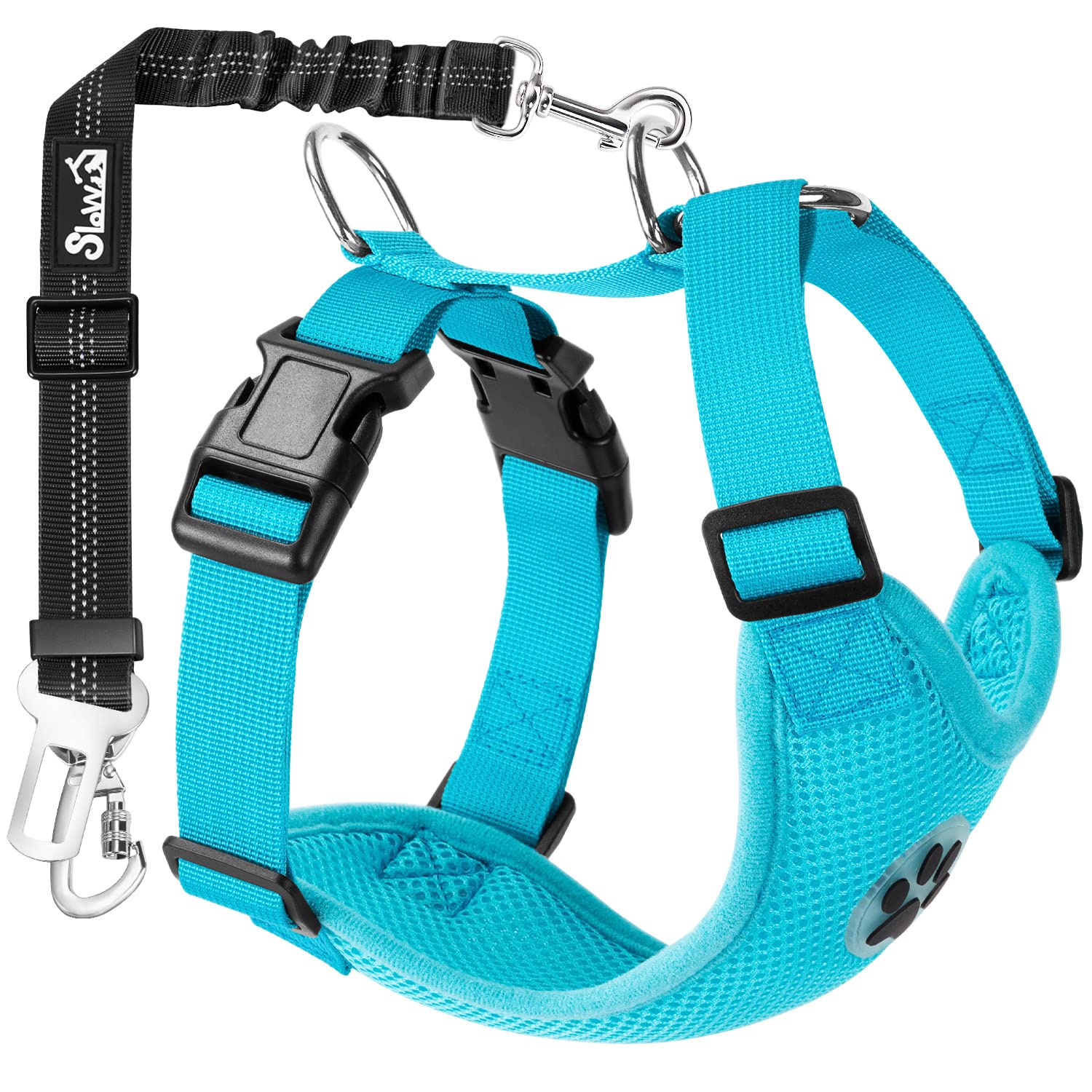 SlowTon dog seat belt harness in light blue with double clip