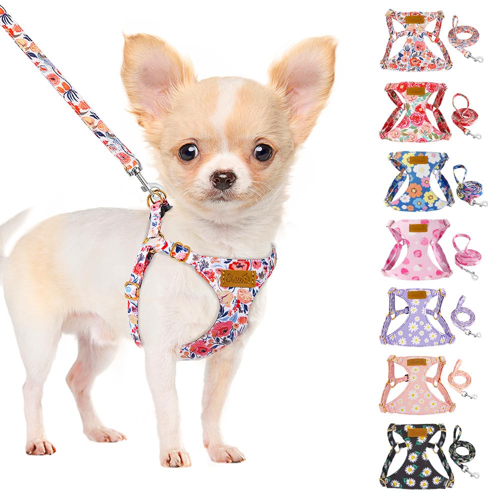 SlowTon Flower XXS harness close-up showing ultra-light fit for tiny dogs.