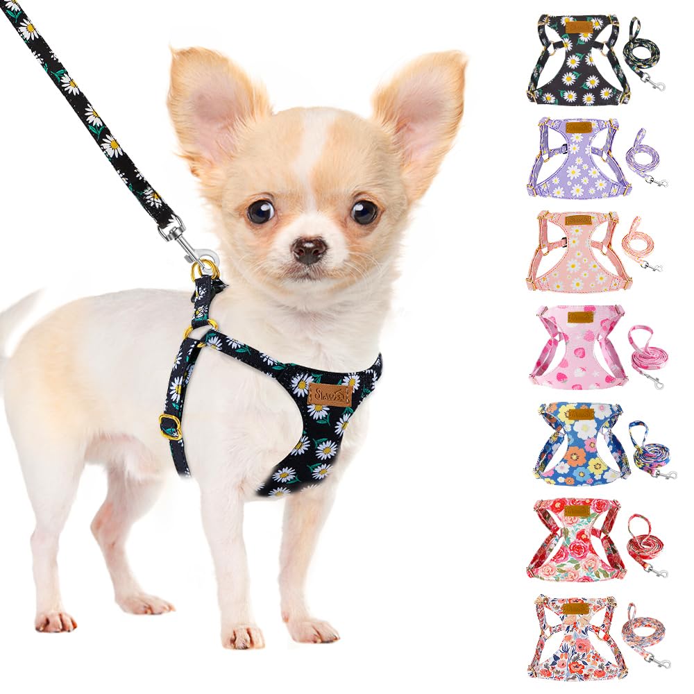 SlowTon No Pull Harness front view with black daisy pattern for XXS fit