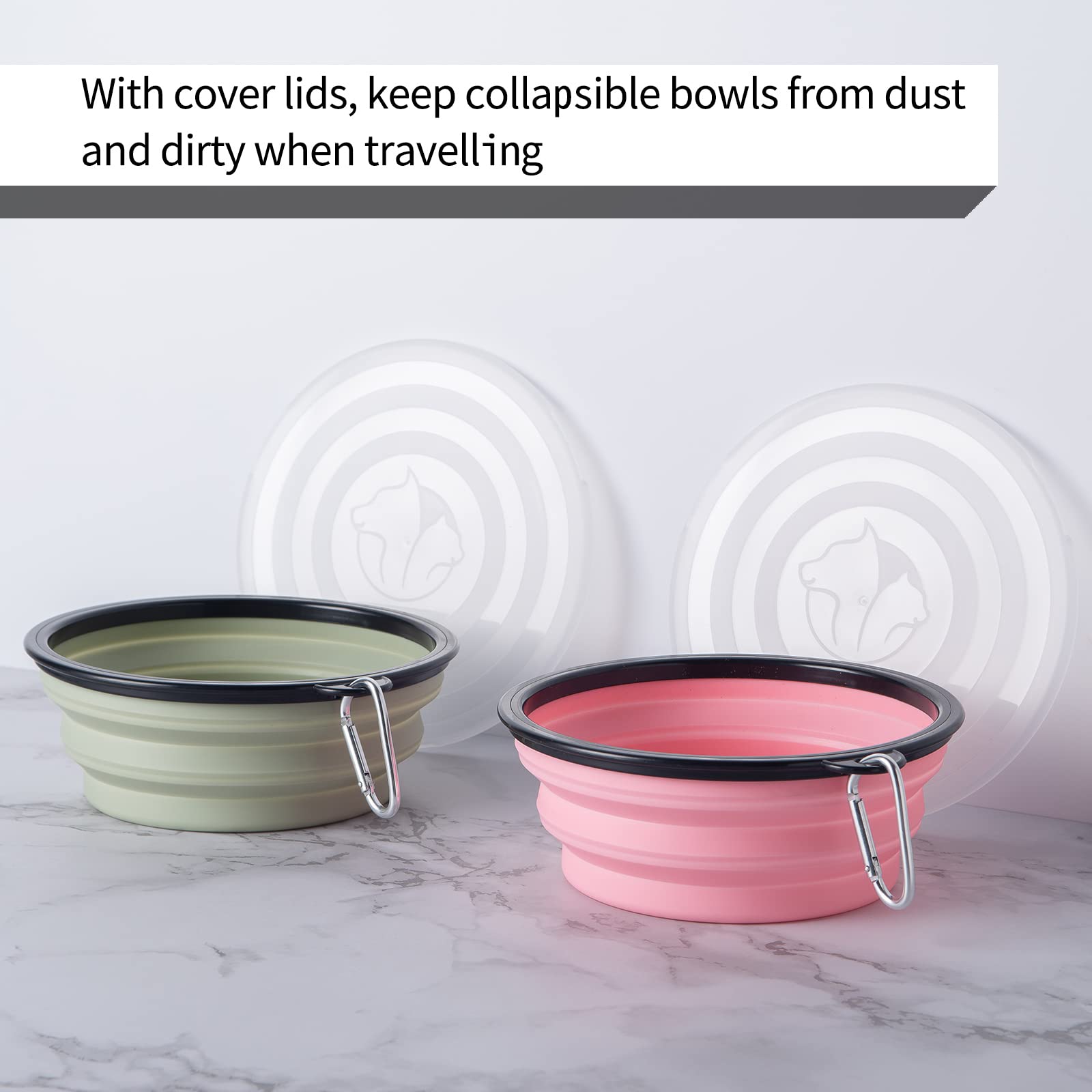 SLSON collapsible dog bowl in sprout green with lid, perfect for outdoor use.