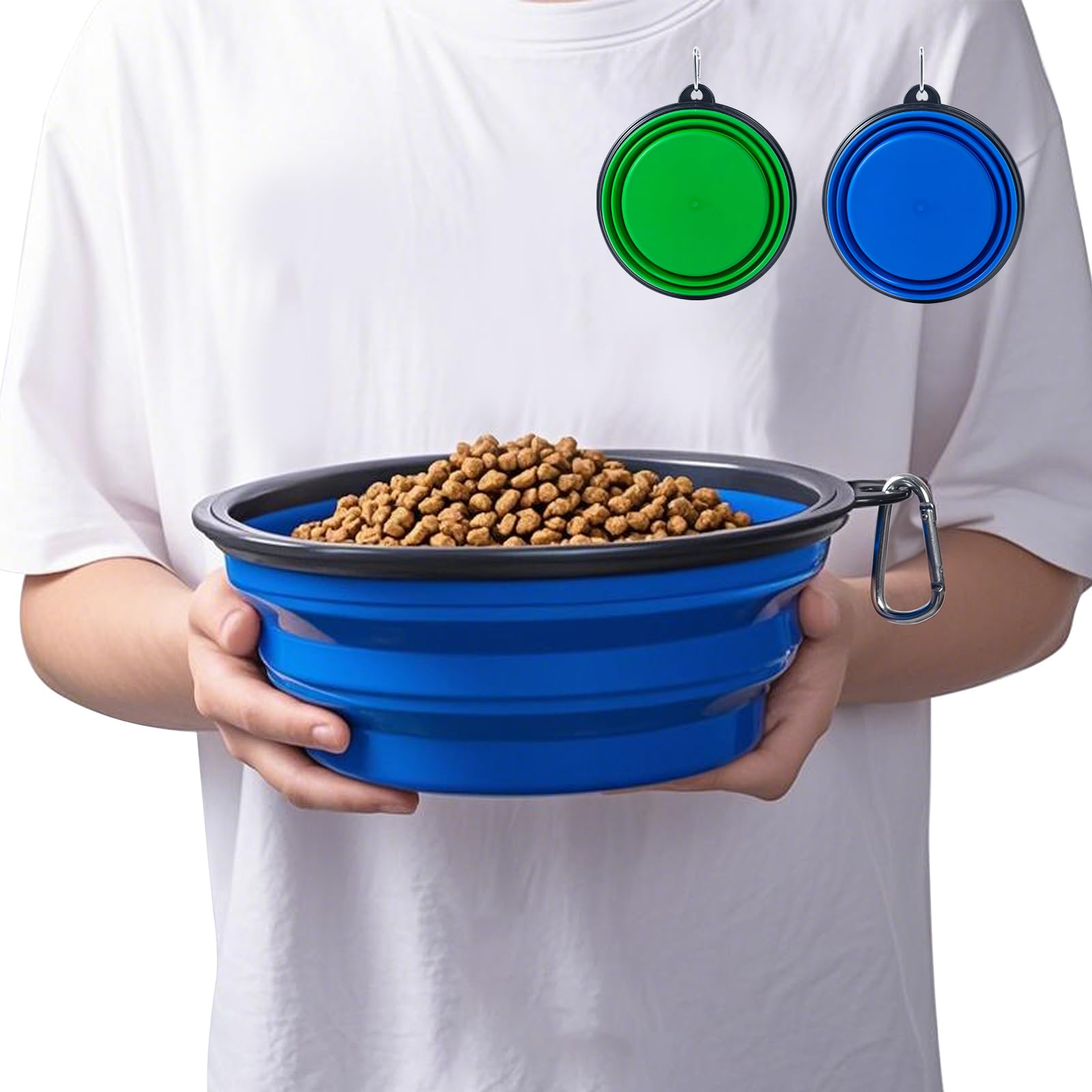 SLSON extra-large collapsible dog bowls in blue and green for travel.