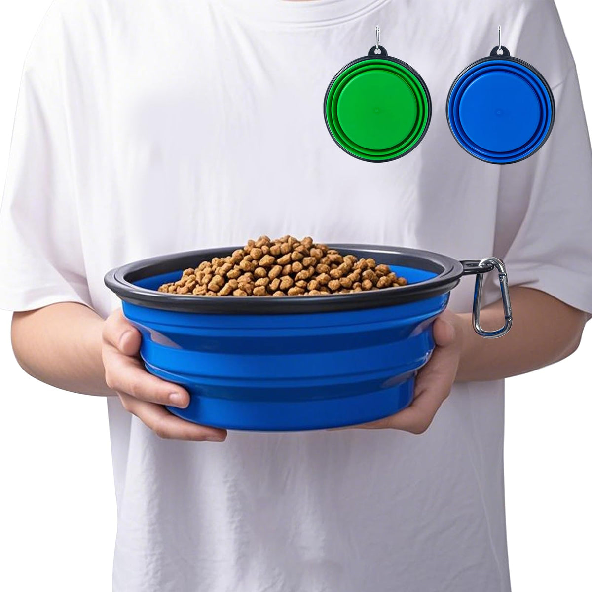 SLSON extra-large collapsible dog bowls in blue and green for travel.