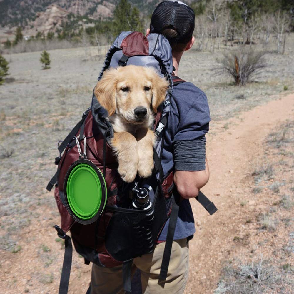SLSON travel-friendly bowls clip to backpack during walks.