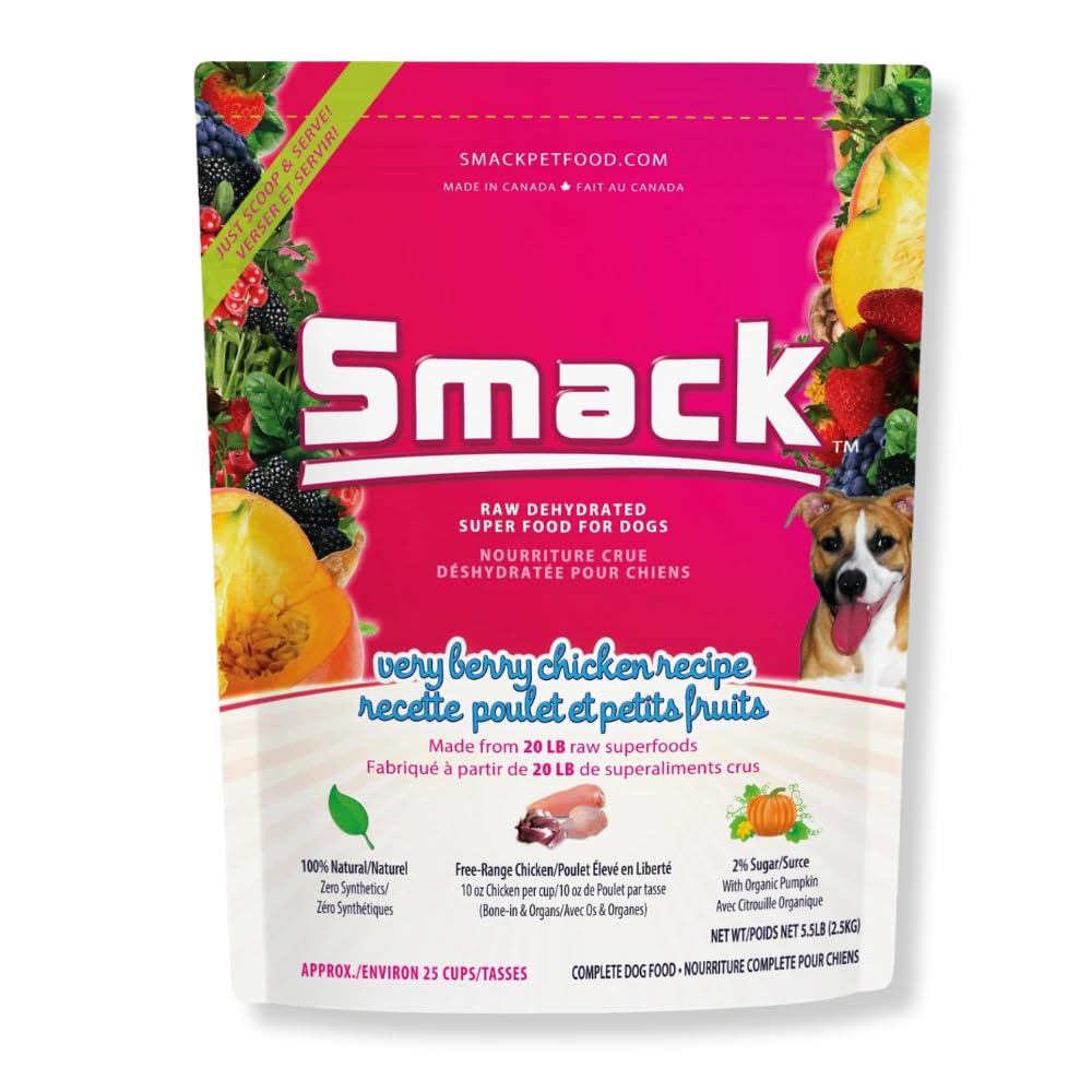Smack Berry Chicken dog food packaging highlighting 80% Manitoba chicken