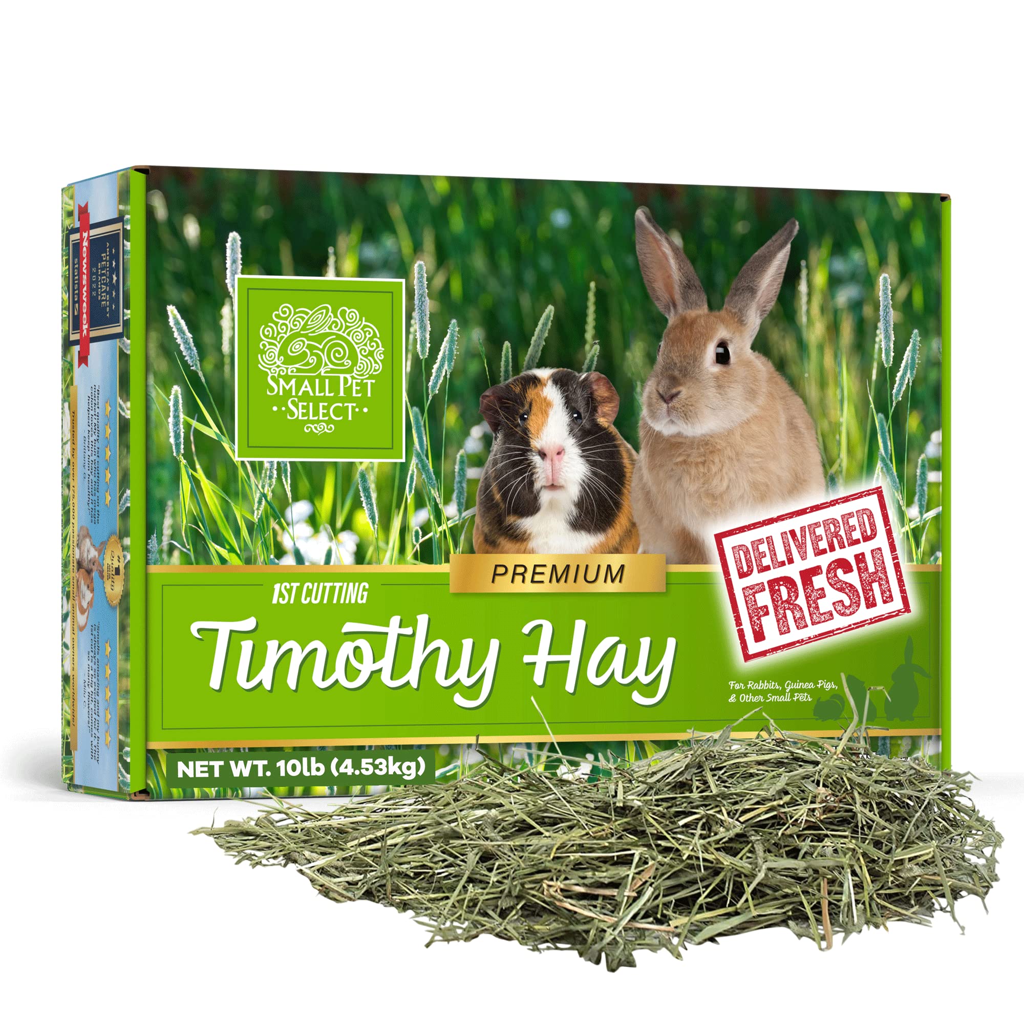 Small Pet Select 1st Cut Timothy Hay box showcases fresh, high-fiber hay for digestion support.