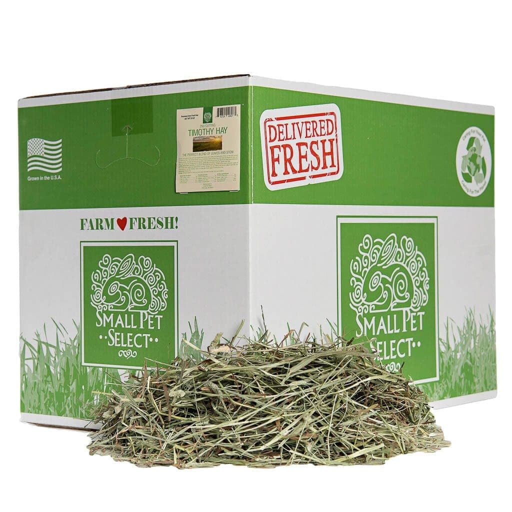 Small Pet Select 2nd Cut Timothy Hay box emphasizes premium US-grown hay for small animals.