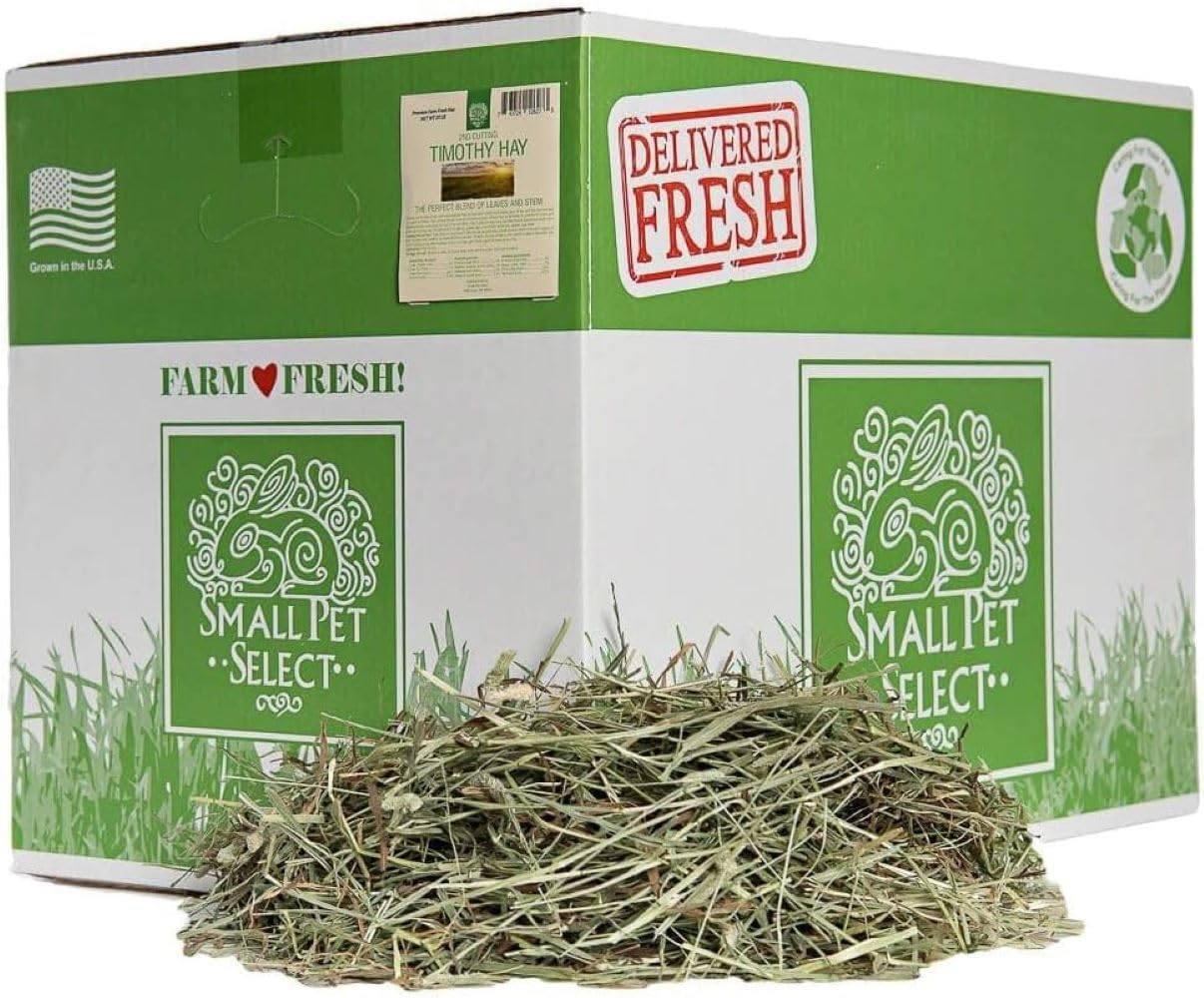 Small Pet Select 2nd Cutting Timothy Hay box closeup showing fresh strands for healthy appetite