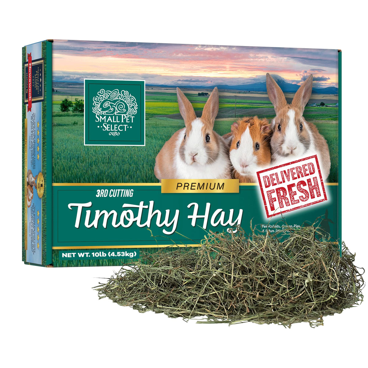 Small Pet Select 3rd Cutting Timothy Hay box close-up highlighting soft, leafy texture that may entice picky eaters.