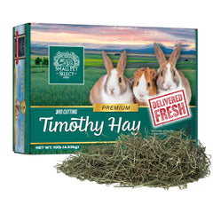 Small Pet Select 3rd Cutting Timothy Hay box close-up highlighting soft, leafy texture that may entice picky eaters.