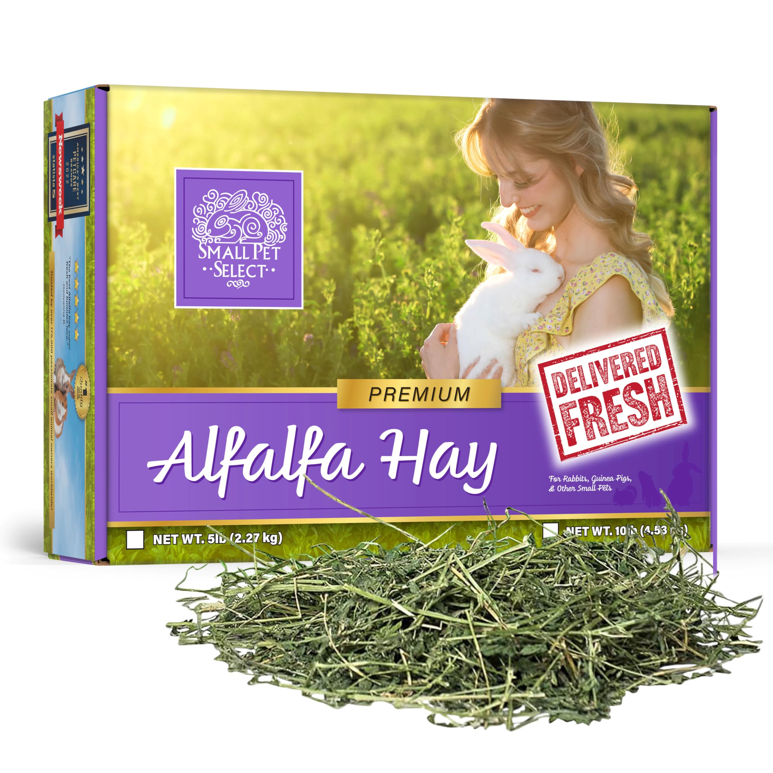 Small Pet Select alfalfa hay box front, fresh and nutrient-rich for growing pets.