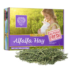 Small Pet Select alfalfa hay box front, fresh leaves for growth support.
