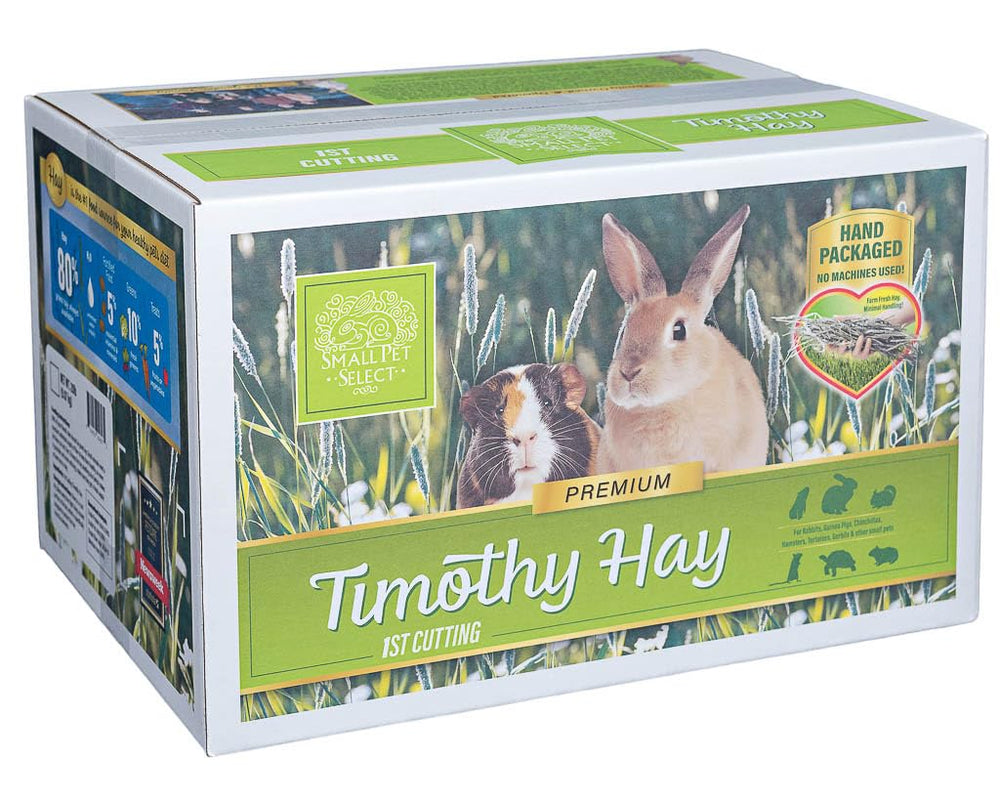 Small Pet Select boxed hay packaging emphasizing farm-fresh quality and storage