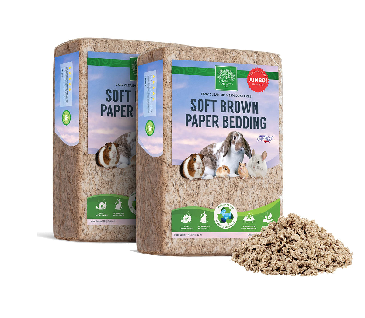 Small Pet Select brown paper bedding open bag showing easy setup and odor control.