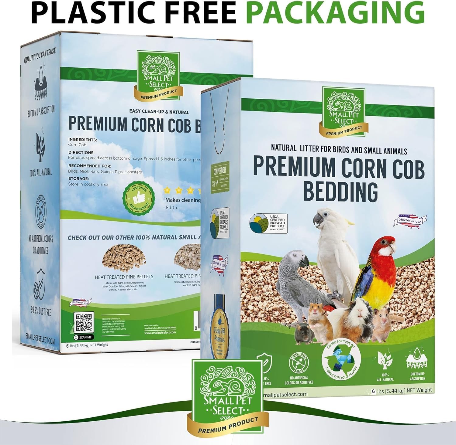 Small Pet Select corn cob bird litter helps control odors while keeping cages clean.