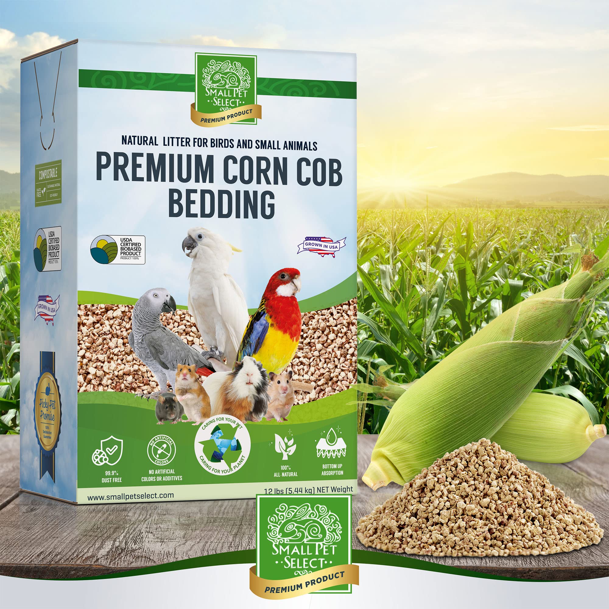 Small Pet Select corn cob bedding USA-grown, trusted quality from domestic farms.